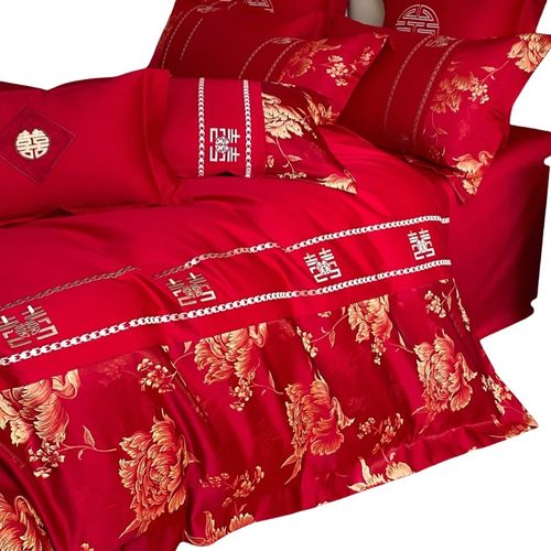 中式刺绣结婚四件套大红色新婚床单被套纯棉婚庆床上用品婚房陪嫁
