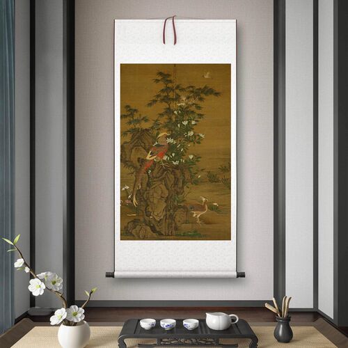 王渊《花竹锦鸡图》客厅书房茶室装饰画挂画玄关水墨高清卷轴字画