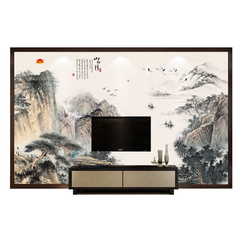 新中式水墨写意大型国画电视背景墙壁纸客厅沙发墙纸墙布壁布定