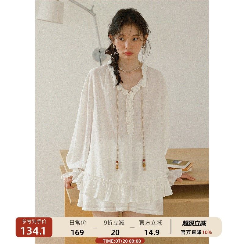 【7/18 00:00新品】轻薄绑带花边领白色长袖衬衫女荷叶.边衬衫早