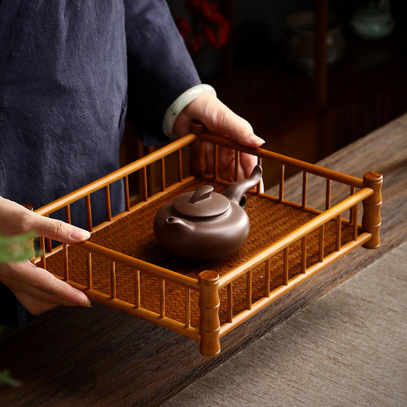 竹编围栏托盘茶具收纳盘文盘竹制简约干泡茶盘长方形茶托盘奉茶盘