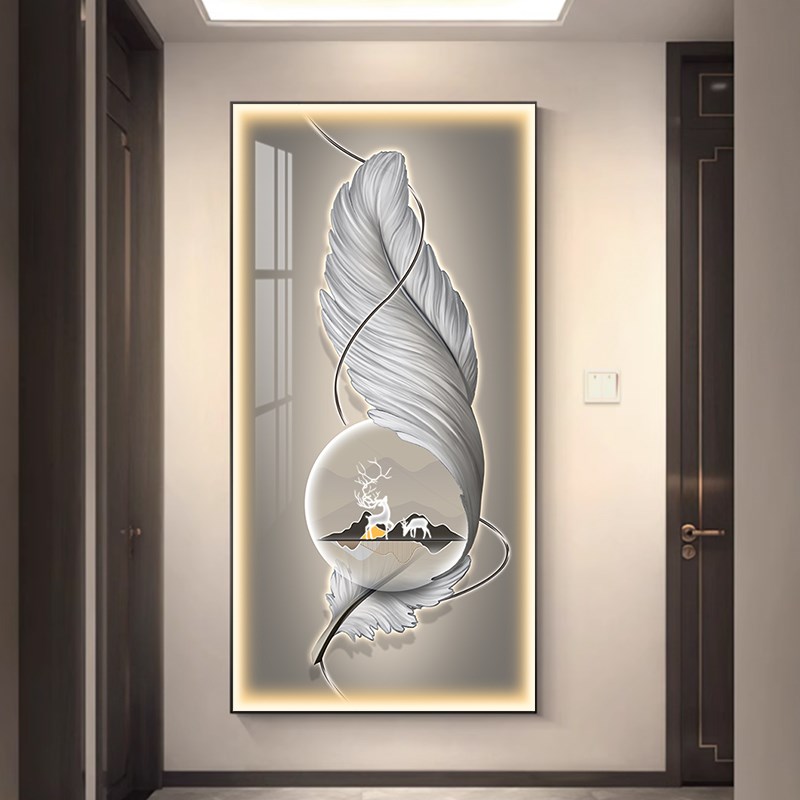 现代简约玄关装饰画蓝色羽毛入户走廊过道背景墙挂画竖版玄幻壁画