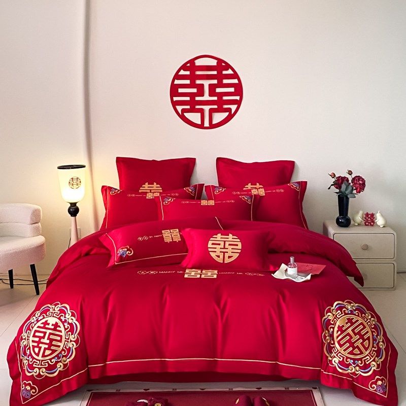 中式婚庆四件套纯棉大红色床单被罩高档全棉结婚陪嫁婚房床上用品