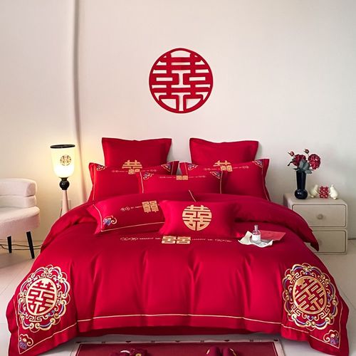 中式婚庆四件套纯棉大红色床单被罩高档全棉结婚陪嫁婚房床上用品