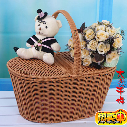 大号塑料仿藤编织野餐篮收纳篮保洁清洁篮洗澡筐 整理篮超市篮子