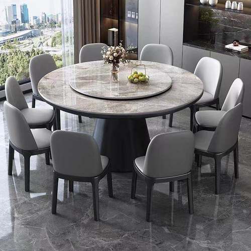 新中式岩饭板餐桌桌EPR实木家用桌圆带转盘圆形餐带电磁炉岩板桌