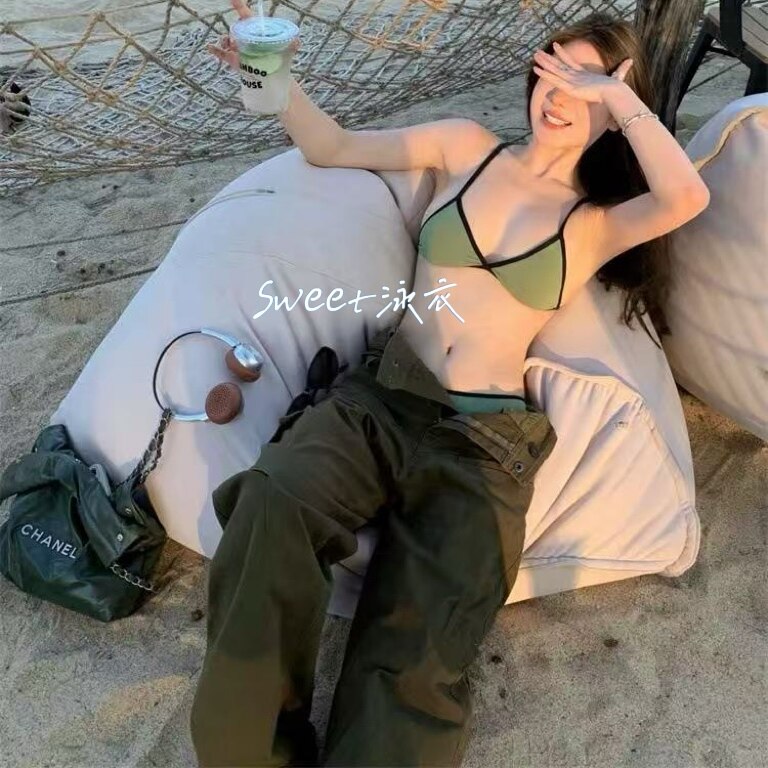 Sweet泳衣女纯欲性感辣妹墨绿色挂脖绑带比基尼聚拢显瘦海边度假