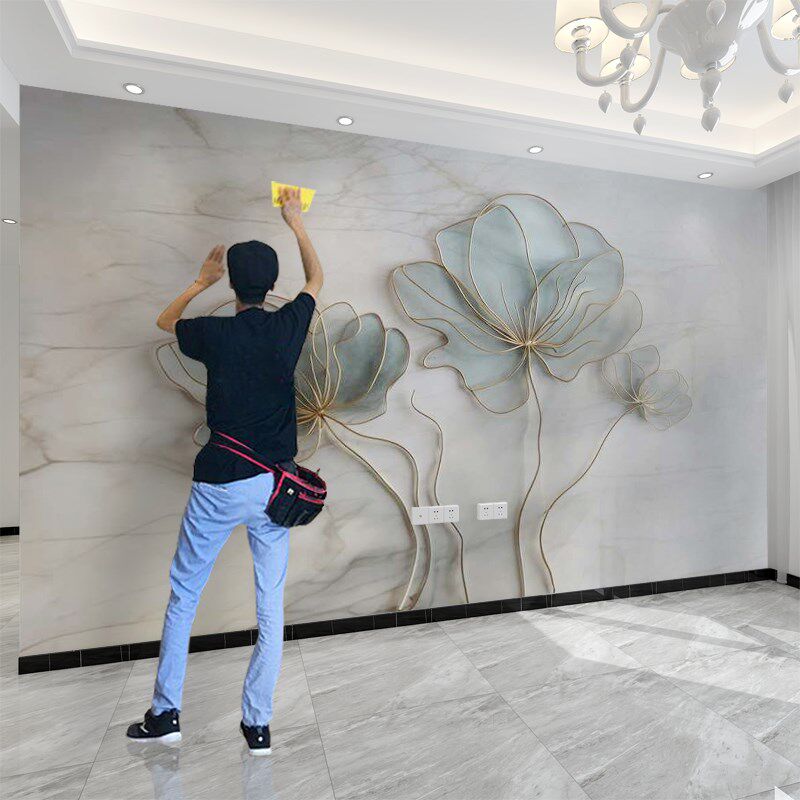 现代高级灰花卉i墨绿荷花艺术电视背景墙壁纸客厅沙发壁画卧室墙