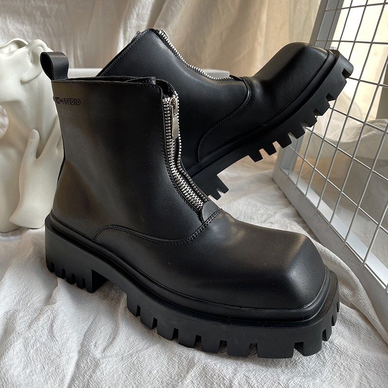 方头马丁靴男士厚底增高帮拉链中帮网红个性冬季时尚短.筒靴子潮