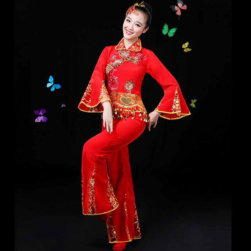 秧歌服新款喜庆显瘦古典舞民族广场舞腰鼓扇子舞蹈服装女成人夏