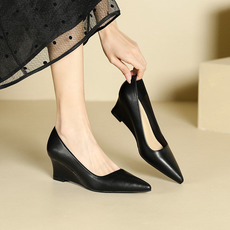 软皮黑色高c跟鞋女2024新款厚底坡跟尖头单鞋上班不累脚职业工作