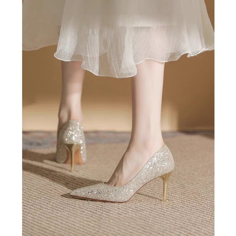 高跟鞋婚鞋女香槟色新娘鞋亮片闪闪法式尖头细跟单鞋水晶伴娘鞋夏,女鞋,浅口单鞋,淘宝优惠券,粉丝福利购,淘宝优惠卷