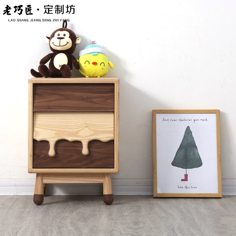 现代简约木蜡油白l蜡木黑胡桃硬枫木儿童家具卧室储物柜牛奶床头