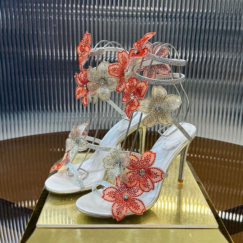 高级感绝美五叶蕾丝花朵水钻高跟鞋25新款法式缠绕凉鞋仙女水晶鞋