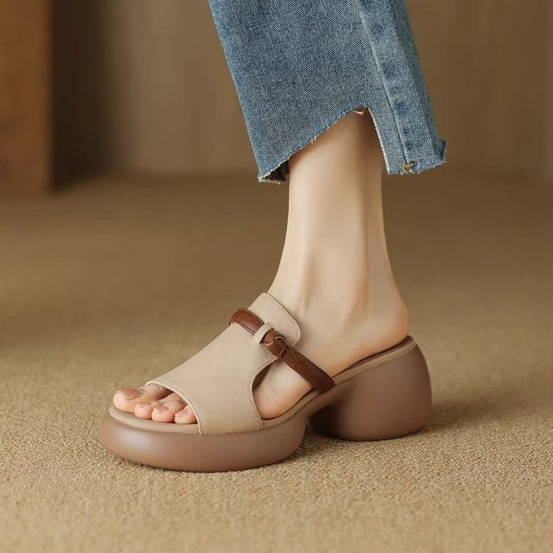 踩屎感厚底拖鞋女2025年夏季新款时尚外穿一字拖百搭露趾粗跟凉鞋,女鞋,一字拖,淘宝优惠券,粉丝福利购,淘宝优惠卷