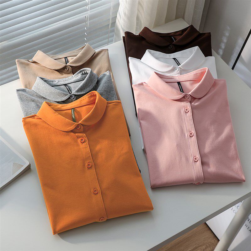 2024秋季微弹力柔肤感s纯棉直筒大码小圆领衬衣女长袖宽松打底衬