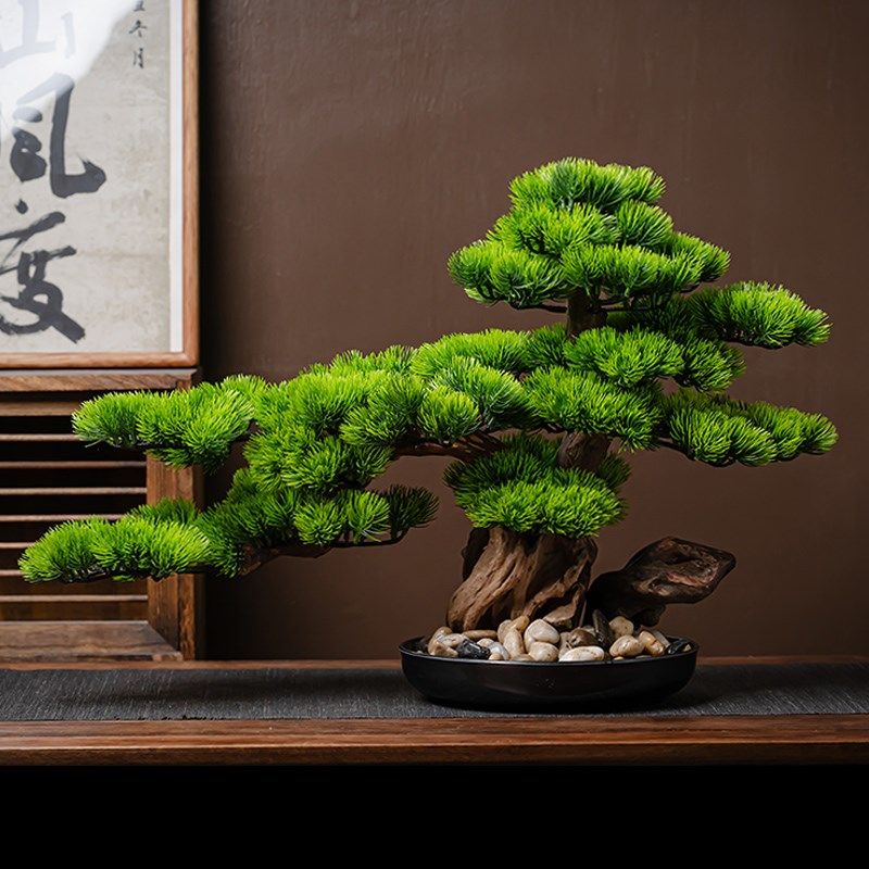 迎客松盆景真树仿植物办公室摆件造景客厅玄关装T饰品仿真室内景