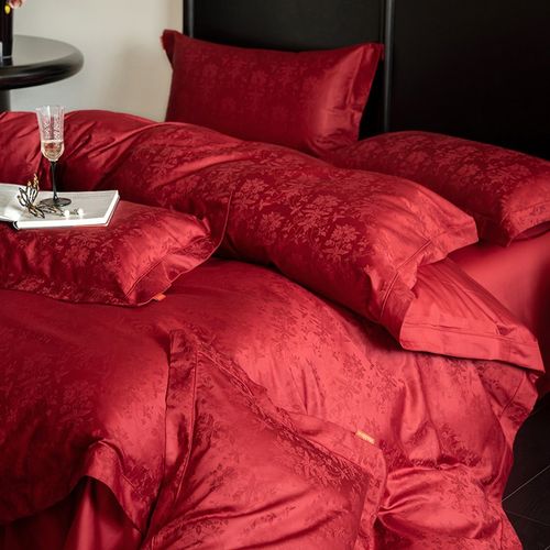 高级感婚庆100S全棉长绒棉提花四件套红色床单纯棉结婚被套床品
