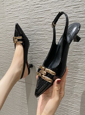 包头后空凉鞋女20l24年新款尖头细跟浅口中跟单鞋一字带黑色高跟
