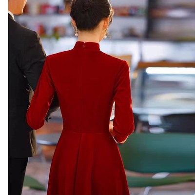 大码孕妇酒红色中式改良旗袍敬酒服新娘高腰遮肚子结婚礼服订婚服