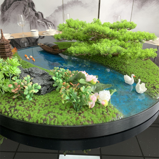 酒店会所餐桌大圆桌创意转盘中间造景摆微景观装饰品