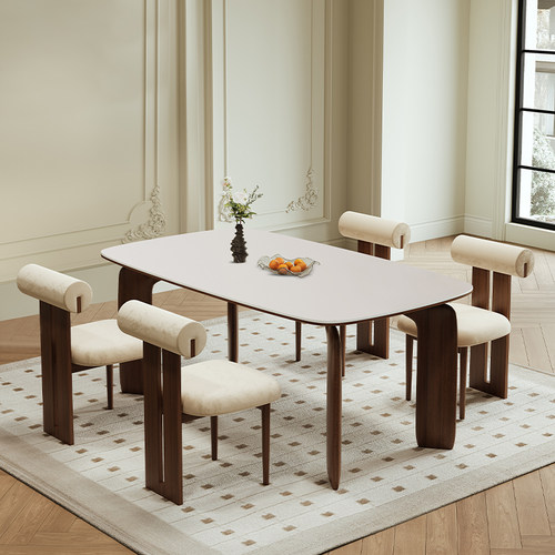 法兰莎 法式复古实木岩板餐桌小户型长方形饭桌大象腿餐桌椅