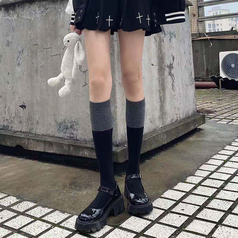 韩国黑灰色拼接袜子女秋冬款显瘦拼色中长网红高筒过膝靴子大腿袜