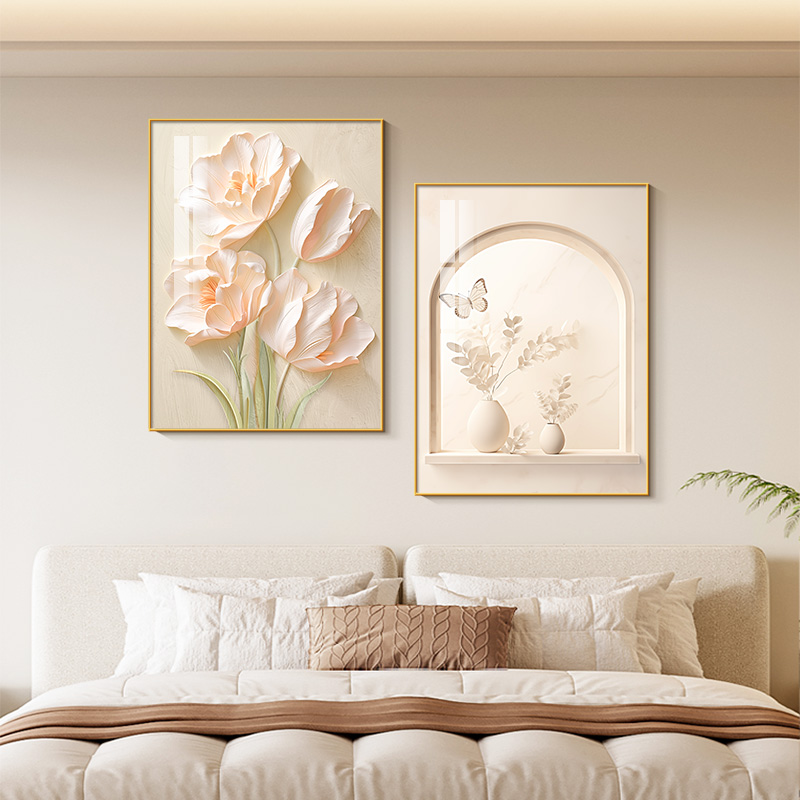 奶油风卧室两联挂画立体花卉温馨系壁画酒店民宿床头墙面装饰图片