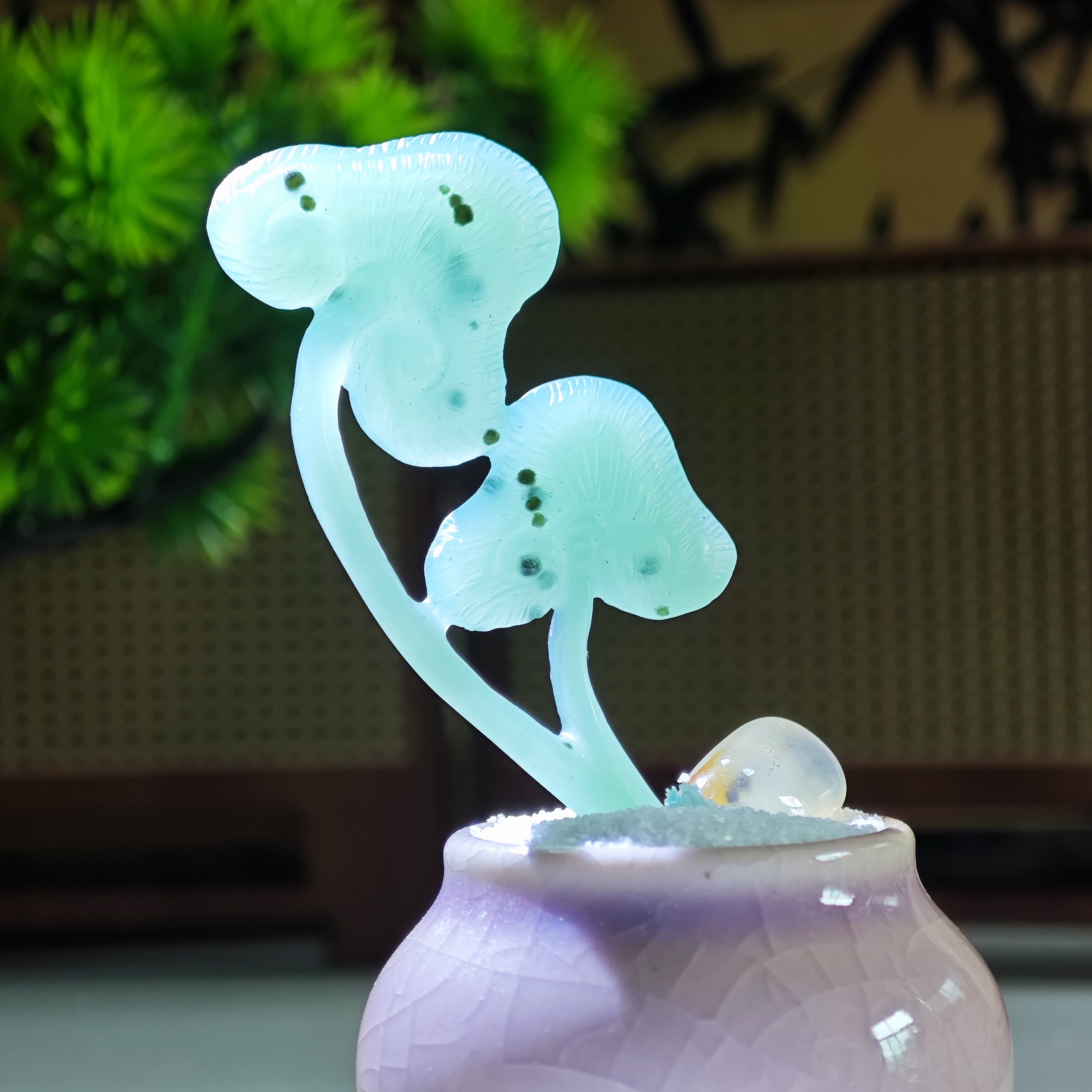 高8.5cm，梅子青灵芝摆件雅玩清供，完整