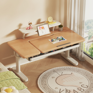 可升降儿童学习桌实木家用翻盖写字桌小学生洞洞板书桌书架一体桌