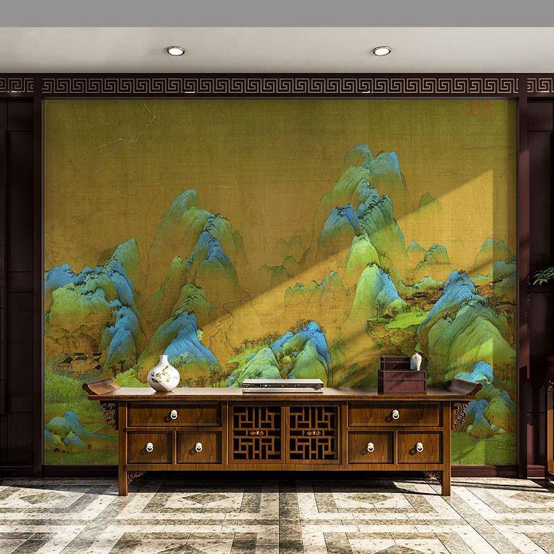 千里790江山图墙水纸山国画布壁纸复古青绿山画酒店办墙公室水背