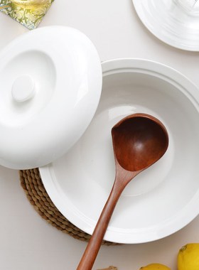 白色陶瓷双耳盛汤盆家用泡面碗带盖大号汤碗创意品锅