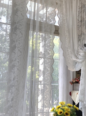 白色田园纱帘透光免打孔蕾丝防蚊飘窗自粘窗帘窗纱帘阳台隔断半帘