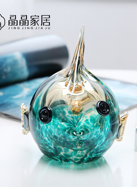 晶晶家居手工水晶玻璃工艺品样板房酒店混彩亲嘴鱼小摆件套装饰品