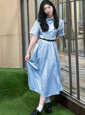大码法式蓝色条纹衬衫连衣裙夏季胖MM文艺复古POLO领显瘦收腰长裙