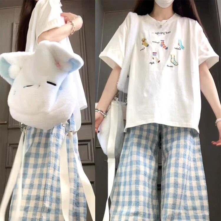 夏季甜美风小个子休闲运动服套装女时尚宽松百搭短袖格子裤两件套