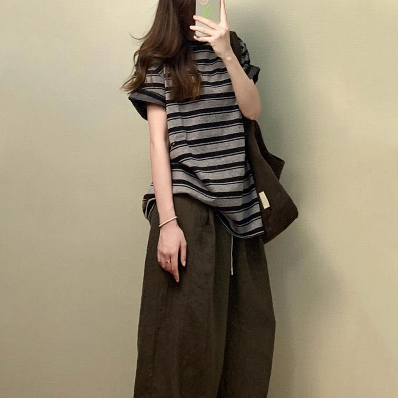 日系休闲运动套装女夏季新款复古慵懒风条纹短袖阔腿长裤两件套潮