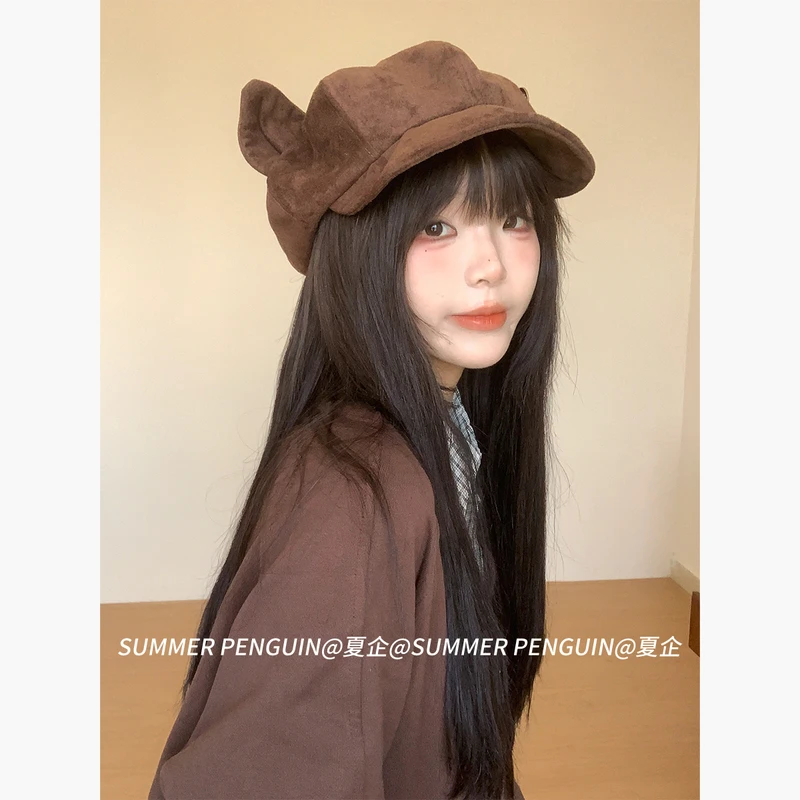 复古麂皮绒猫耳朵贝雷帽女秋冬季显脸小画家帽帽子