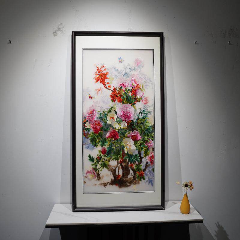 新中式风竖副牡丹图纯手工苏绣刺绣玄关过道成品包安装客厅装饰画