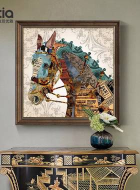 马到成功挂画入户玄关装饰画美式餐厅复古油画走廊过道壁画高级感