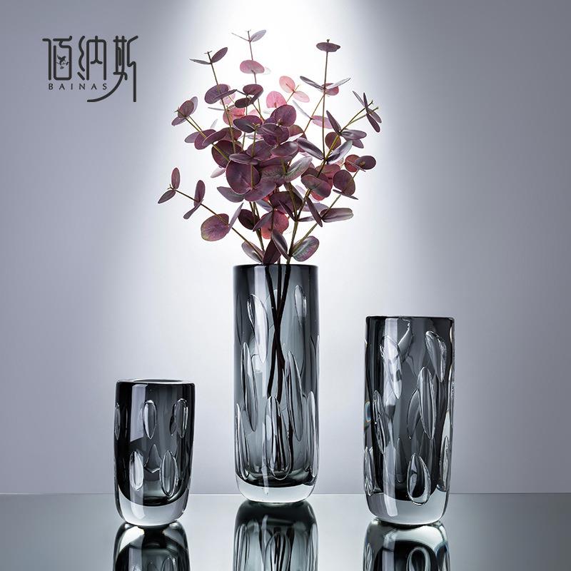 现代水晶绿色厚重仿真花水培玫瑰百合玻璃花瓶样板房客厅家居饰品