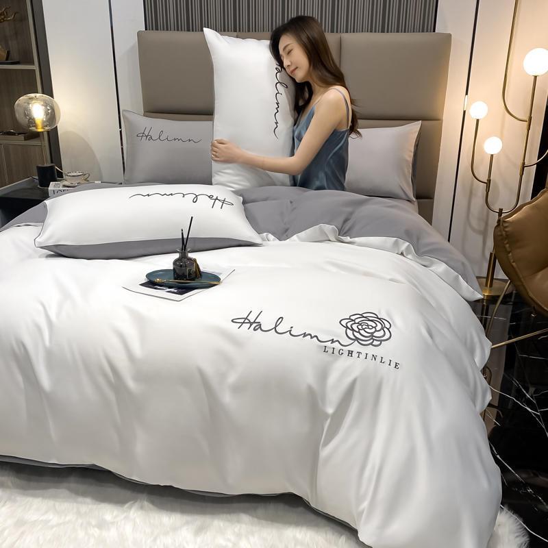 夏季水洗棉贡缎四件套冰丝被套丝滑凉感天丝床单笠丝绸纯色床上