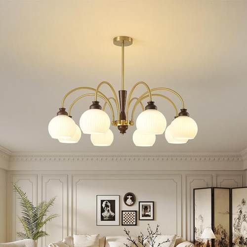 美式铜色客厅吸顶灯主卧室餐厅法式奶油6头8头中山灯具复古风