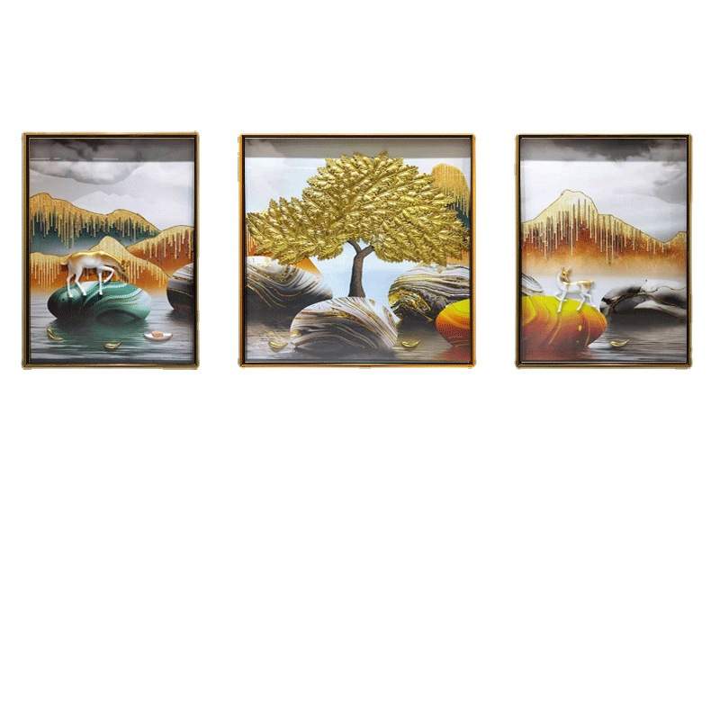 现代客厅装饰画手工实物画立体浮雕挂画石来运转山水风景鹿三联画图片