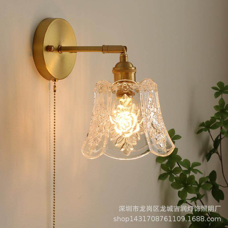 日式复古铜玻璃壁灯后现代简约轻奢卧室床头北欧风创意美式灯饰