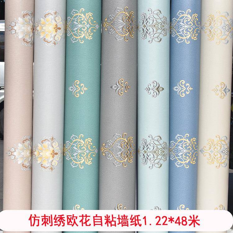 自粘墙纸仿刺绣欧花翻新墙贴墙纸防潮防水卧室客厅装修花卉自贴膜