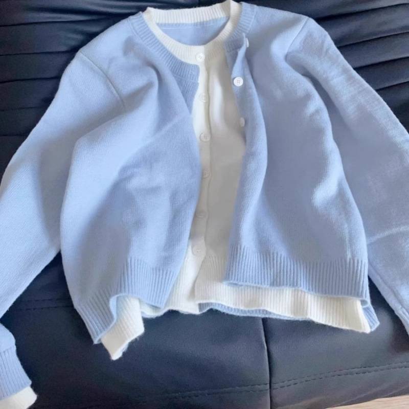 温柔蓝色叠词外套假两件2025针织开衫新款韩系短款慵懒上衣毛衣女