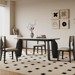 高端家用饭岩板餐桌法式 橡木实木餐桌黑色长方形现代简约意式 复古