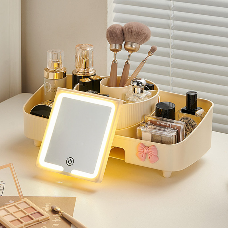 化妆品收纳盒带镜l子一体高级感桌面旋转化妆刷口红眼影梳妆置物