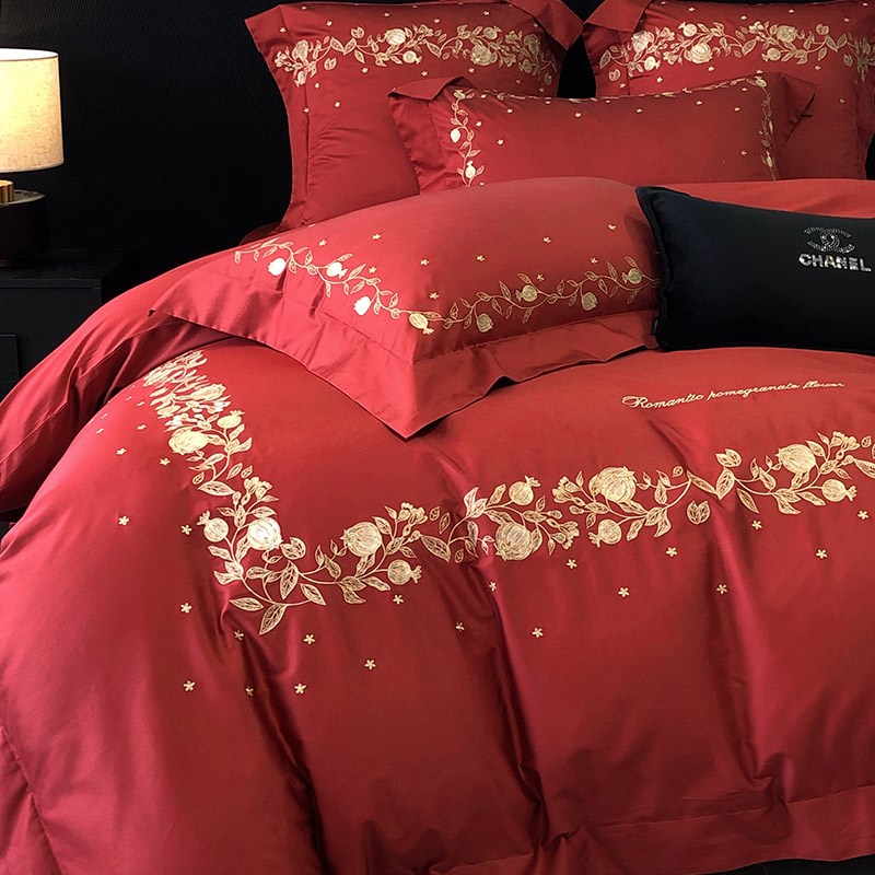 韩式婚庆100S长绒棉四件套石榴刺绣纯棉结婚宽边被套床单床上用品